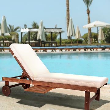 Seabrook Outdoor Acacia Wood Lounger with Cushion, 5-Position Back, Slide Table & Wheels - JONATHAN Y